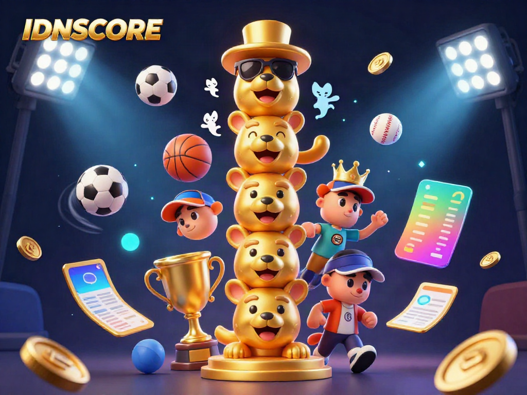 Engage in thrilling sports betting with IDNSCORE's dynamic scene featuring golden totem and energetic sports elements.