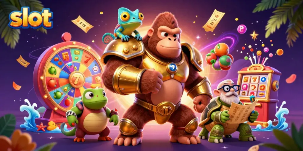 Slot menarik dengan gulungan berwarna-warni dan karakter lucu di depan latar belakang magis.
