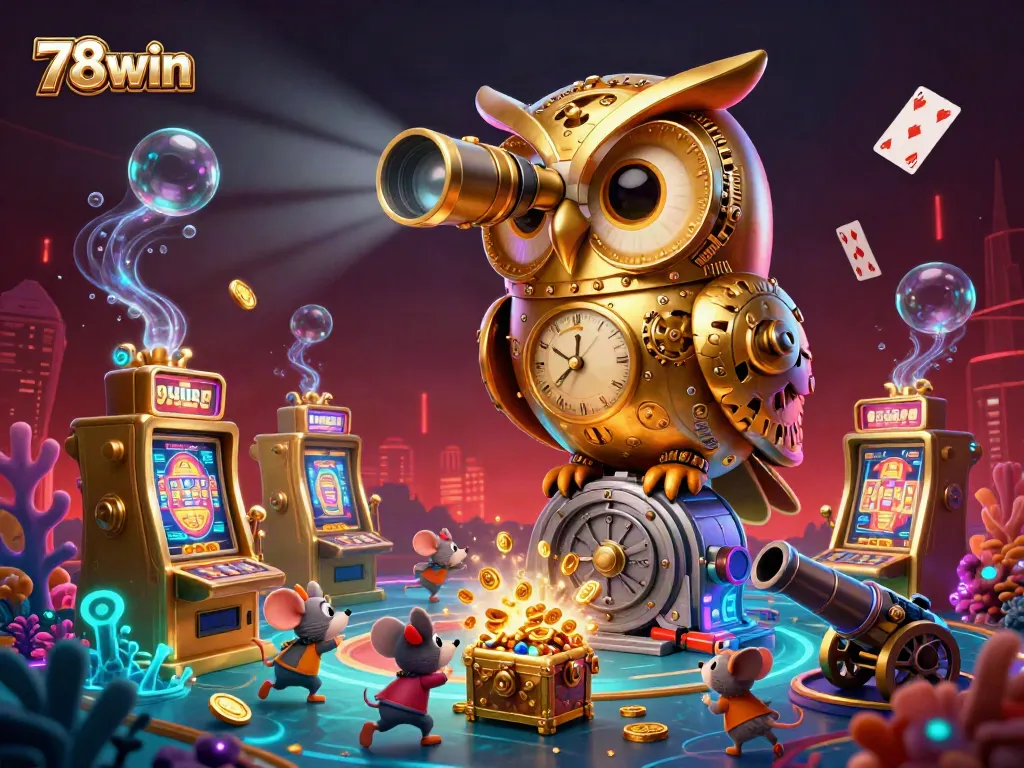 Experience excitement at 78win Casino with a whimsical 3D illustration of an owl overseeing mouse patrons and treasures.
