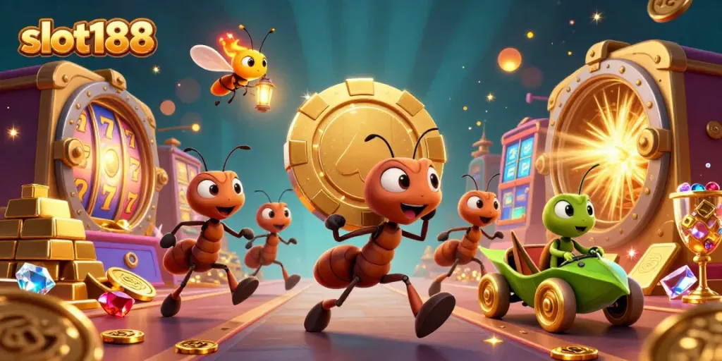 Mengakses slot188 yang terhalang dengan ant-ant yang mencuri chip poker emas raksasa di kasino 3D.