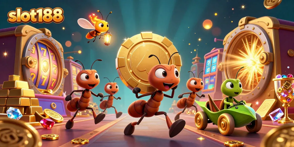 Mengakses slot188 yang terhalang dengan ant-ant yang mencuri chip poker emas raksasa di kasino 3D.