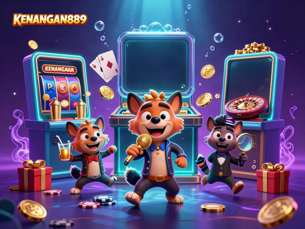 Enjoy a vibrant comedic casino scene of hyenas at KENANGAN889, featuring slot games and casino elements.