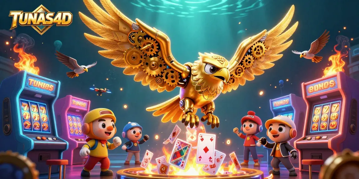 TUNAS4D showcases a cybernetic golden eagle diving through holographic cards, symbolizing dynamic gambling excitement.