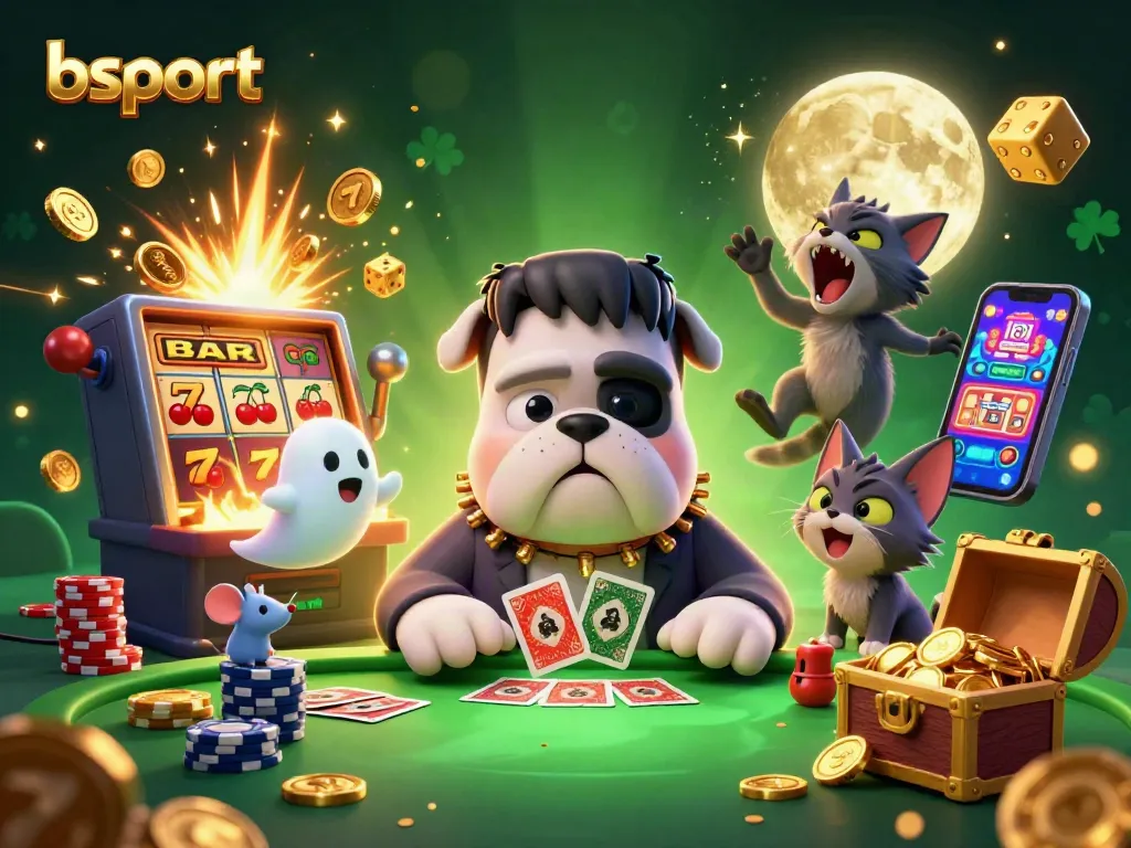 Play engaging card games with bsport as a 3D cartoon Frankenstein bulldog deals from a spooky table.