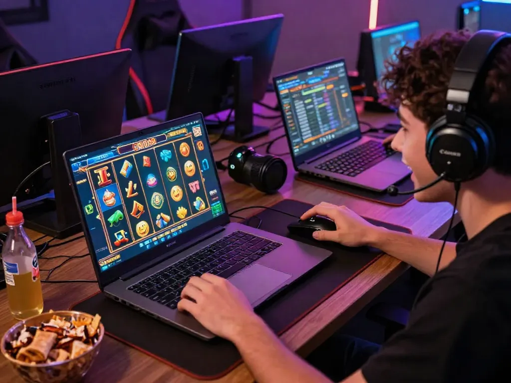 Pengguna menikmati permainan slot88 dengan laptop di lingkungan gaming yang nyaman.