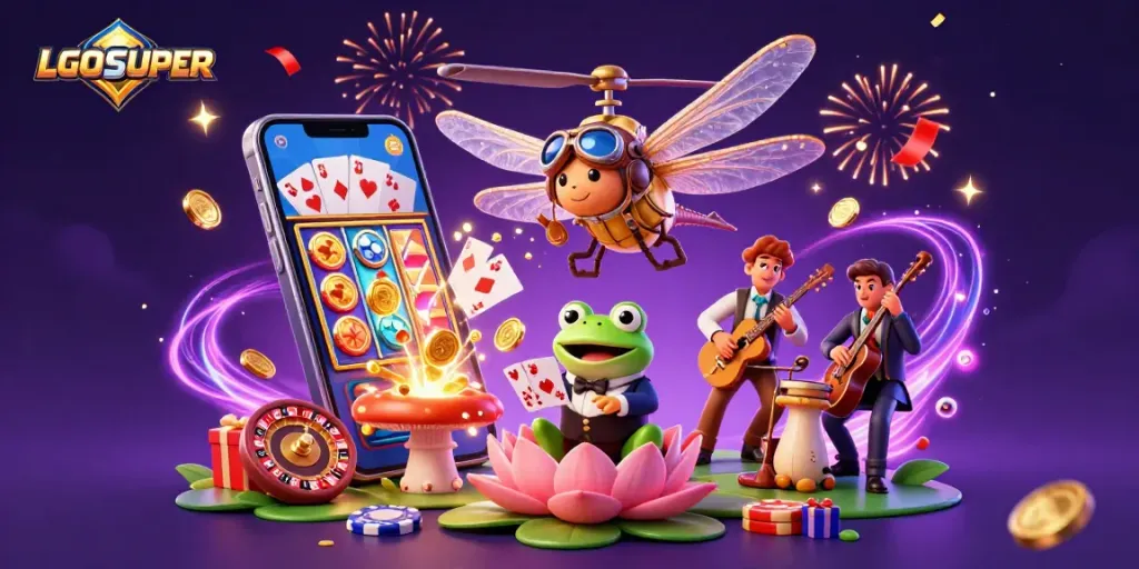Experience the thrill of gambling with LGOSUPER in this vibrant 3D casino scene featuring exciting game elements.