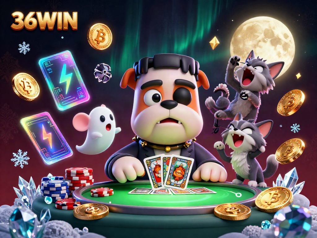 Engage in thrilling card games with 36WIN, where a Frankenstein bulldog dealer delights players.