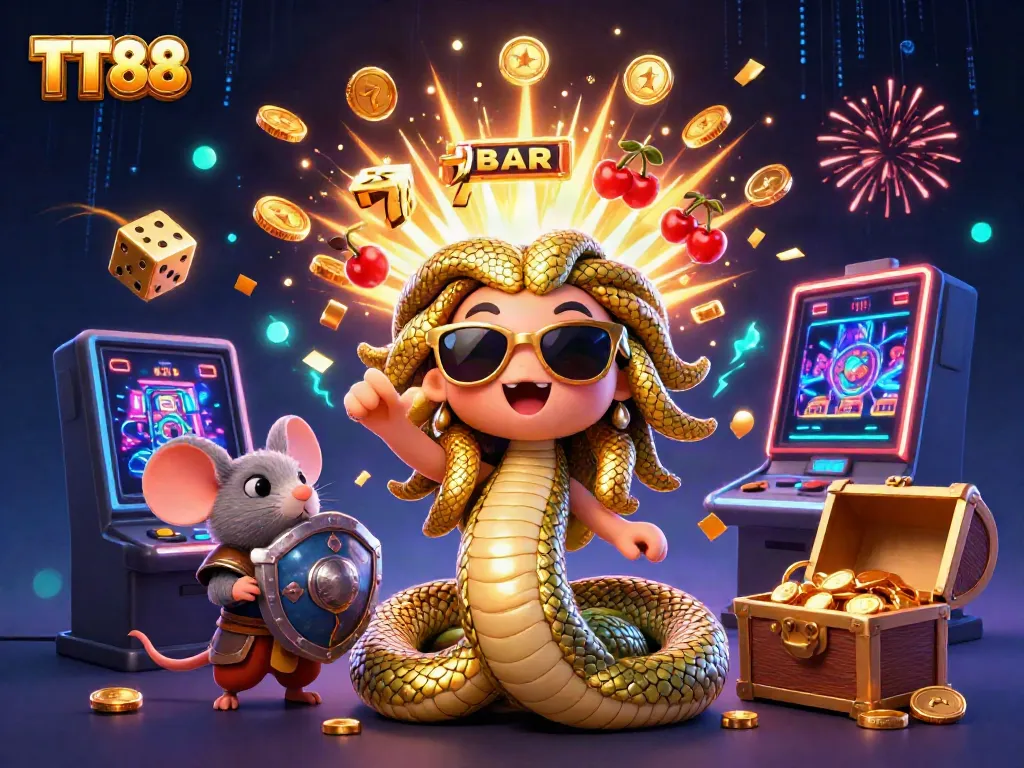 Experience the excitement of TT88 with our vibrant 3D illustration showcasing casino elements and characters.