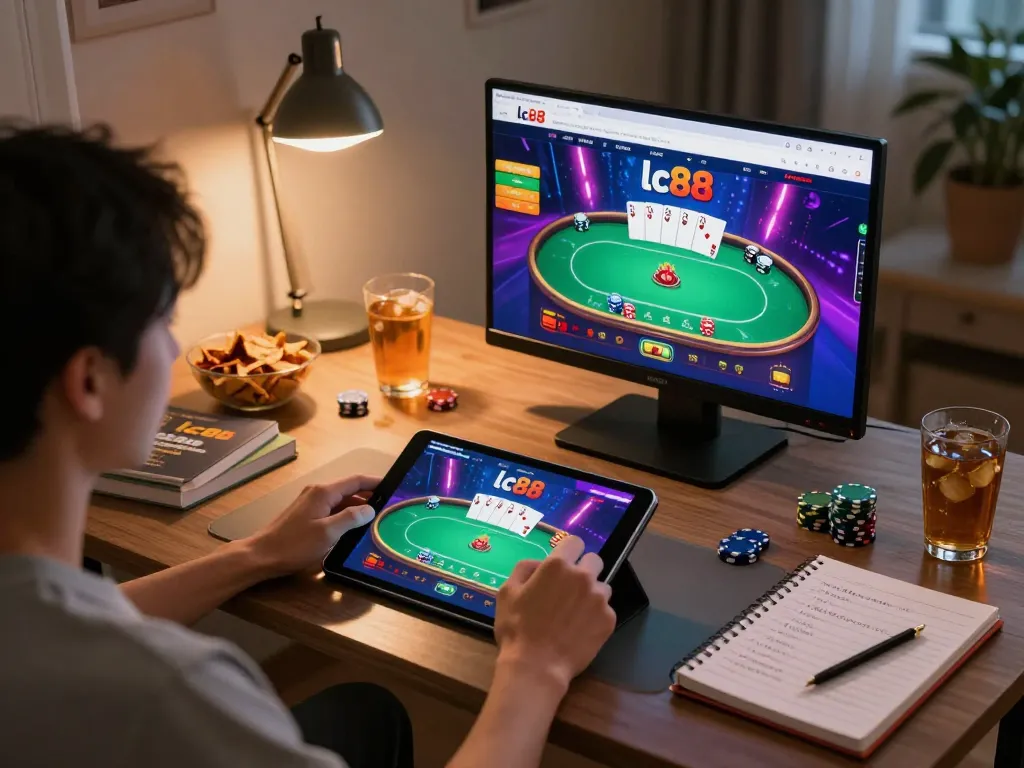 Engaging online gaming atmosphere at lc88 with a player using a tablet for poker.