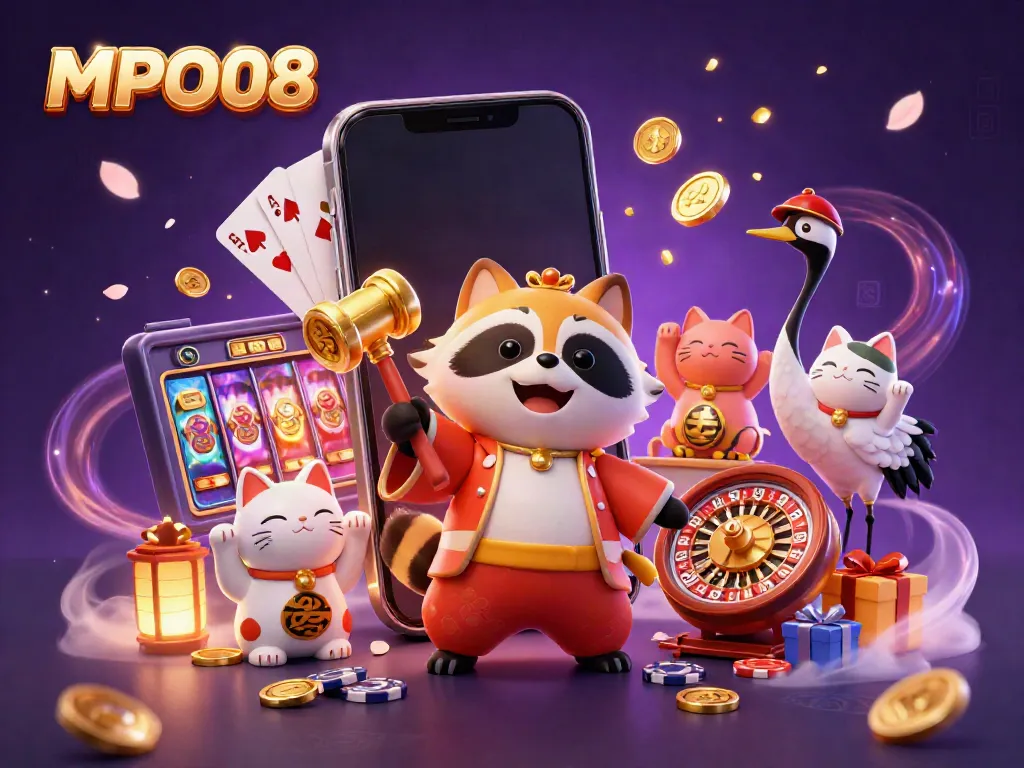 MPO08 offers an engaging slot gaming scene with a tanuki and maneki-neko for an immersive experience.