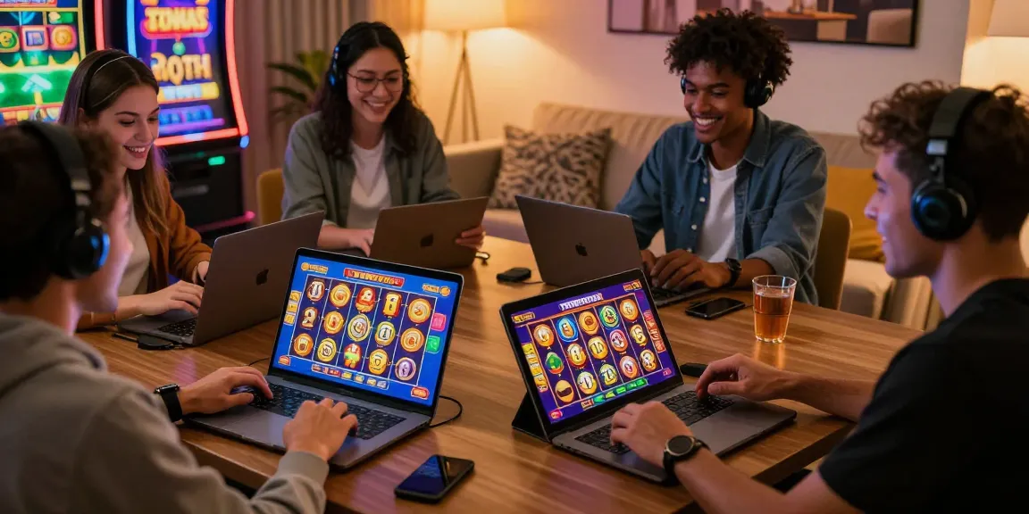 tempototo online slots gameplay with excited players around laptops and tablets showcasing colorful graphics