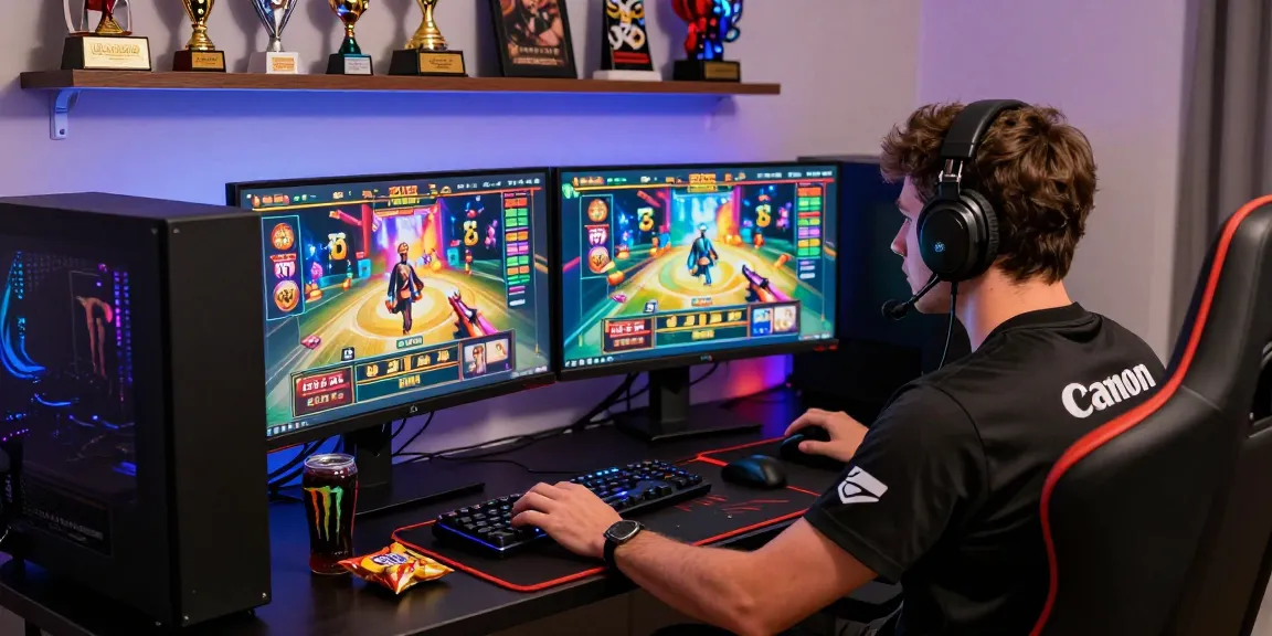 Gamer fully engaged at a rajaberas88 slot game setup, showcasing an electrifying competitive atmosphere with high-tech equipment.