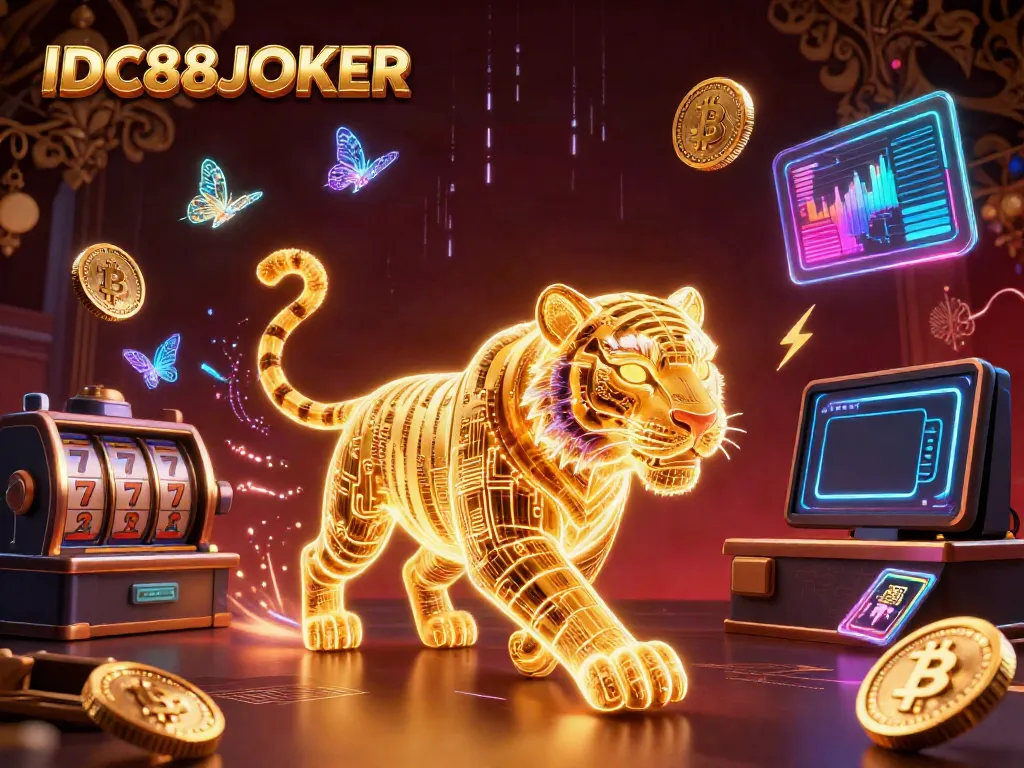 Experience thrilling gameplay at IDC88JOKER with a vibrant digital casino scene filled with exciting game elements.