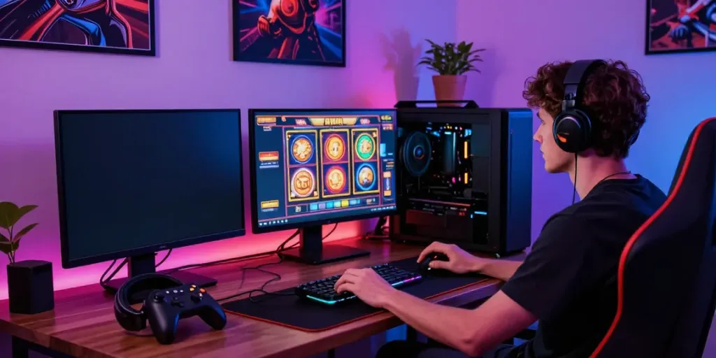 Seorang pemain judi online di betslots88 bermain slot game dengan banyak monitor di meja modern.