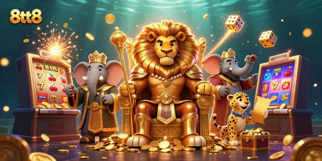 Experience the thrill at 8tt8 casino with a lion king, elephant advisor, and cheetah messenger in an exciting slot scene.