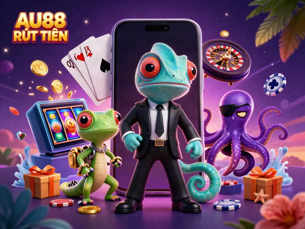 Experience AU88 RÚT TIỀN with dynamic characters in a vibrant casino scene filled with game elements.