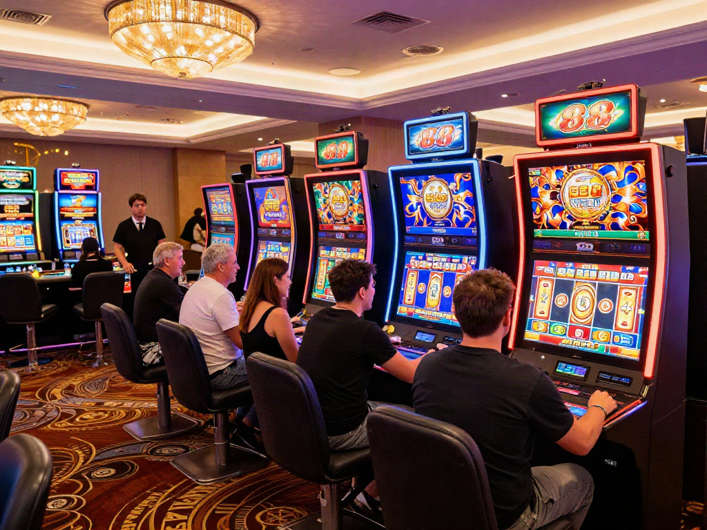 Players enjoying the vibrant slot88 casino gaming atmosphere with colorful machines and celebrations.