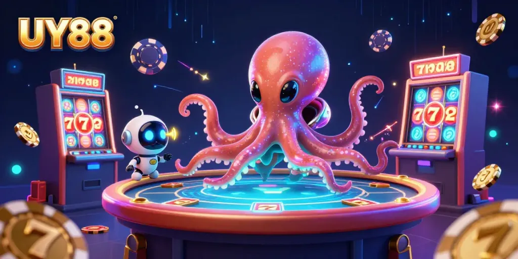 Experience thrilling gameplay with UY88 at dynamic poker tables in a vibrant casino scene.