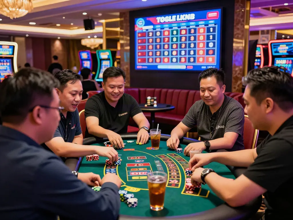 Engaging Bandar Togel gaming scene with players at a casino table, colorful chips, and vibrant atmosphere.