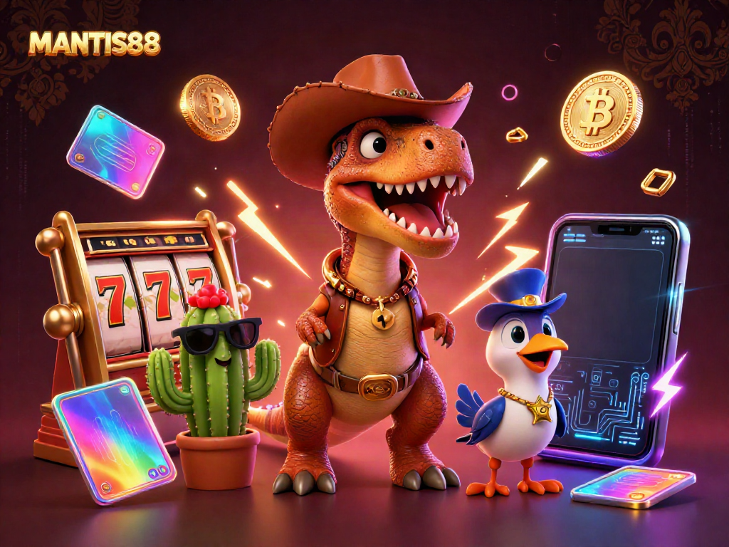 MANTIS88 showcases a vibrantly animated cowboy dinosaur at a slot machine jackpot in a luxurious casino scene.