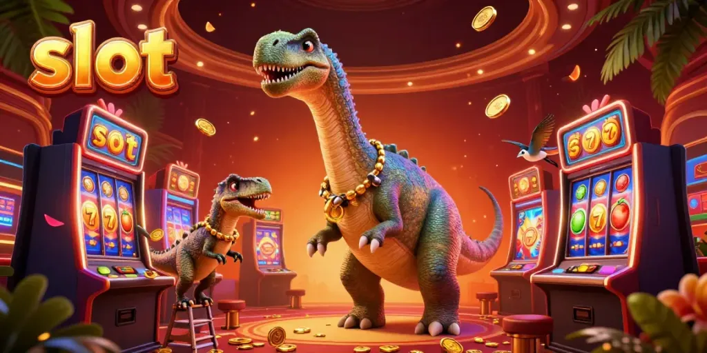 Engage with exciting slot games featuring a brontosaurus and clever raptor in a vibrant casino scene.