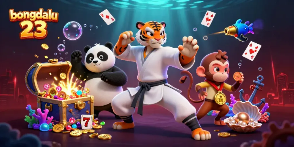 Engage with bongdalu 23 as a cartoon kung fu master and friends showcase exciting casino themes with gold coins and vibrant game elements.