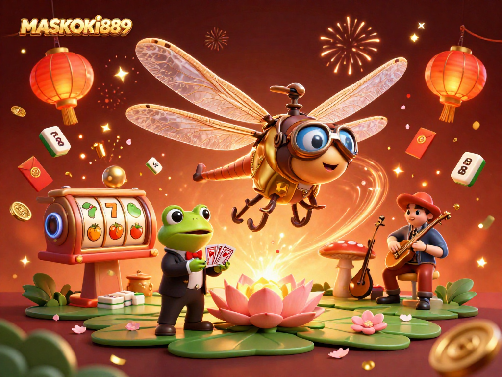 Experience the vibrant gaming scene at MASKOKI889 with a lively dragonfly pilot, frog dealer, and jazz musicians.