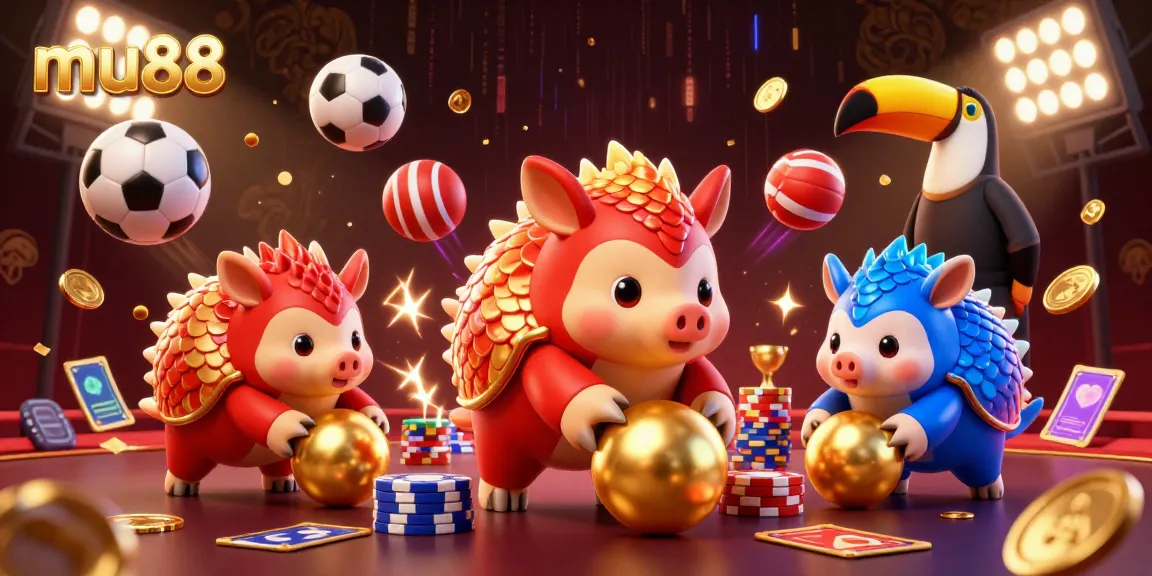 Mu88's vibrant casino scene featuring rival pangolins in action with dynamic sports elements in play.