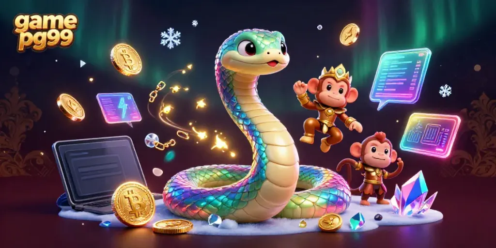 Experience thrilling gameplay with game pg99, featuring a vibrant 3D rainbow serpent and monkey king amidst crypto symbols.