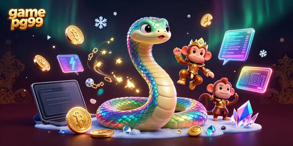 Experience thrilling gameplay with game pg99, featuring a vibrant 3D rainbow serpent and monkey king amidst crypto symbols.
