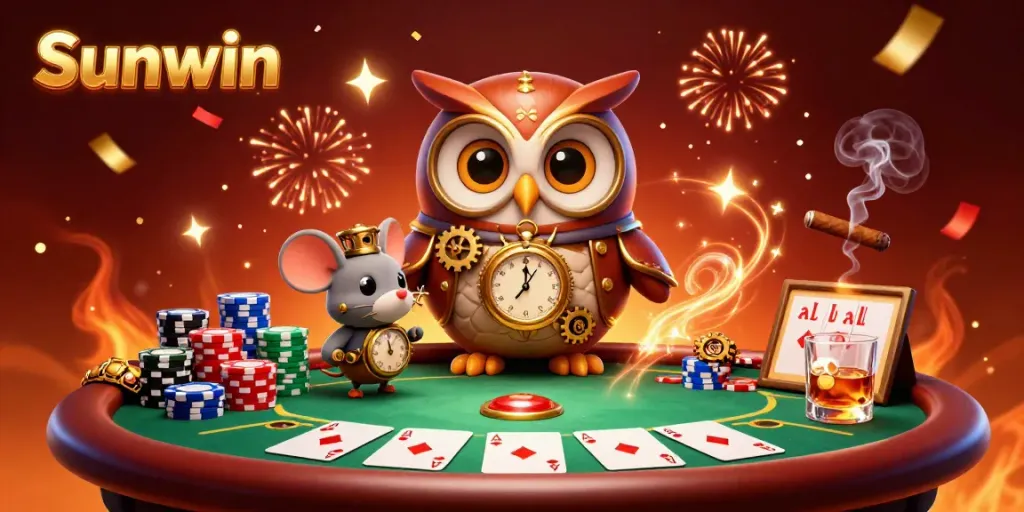 Experience the excitement at Sunwin with vibrant 3D illustrations of a steampunk owl and clockwork mouse in a dynamic casino setting.