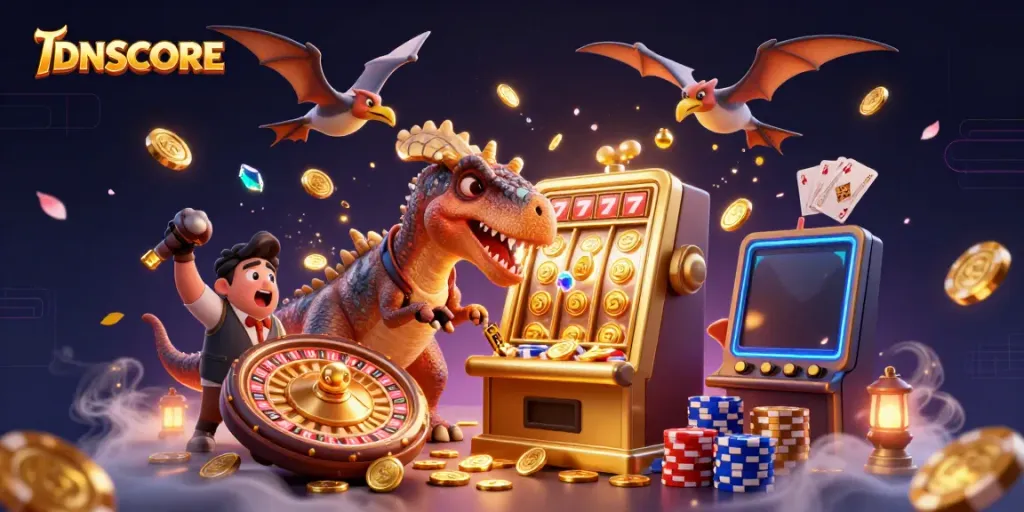 IDNSCORE platform showcases a pachycephalosaurus winning jackpots, with vibrant casino elements and energy.