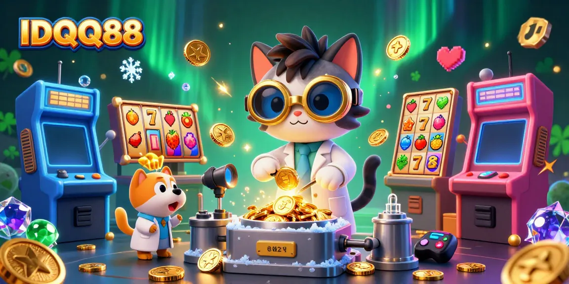 Spin the reels of IDQQ88's vibrant slots while a mad scientist cat and dog create winning moments in a dynamic casino lab.