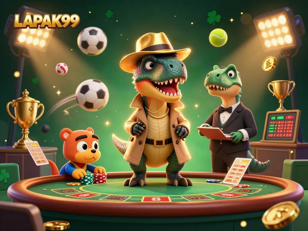 LAPAK99 card counter velociraptor plays blackjack with a sneaky compy thief and a watchful stegosaurus pit boss.