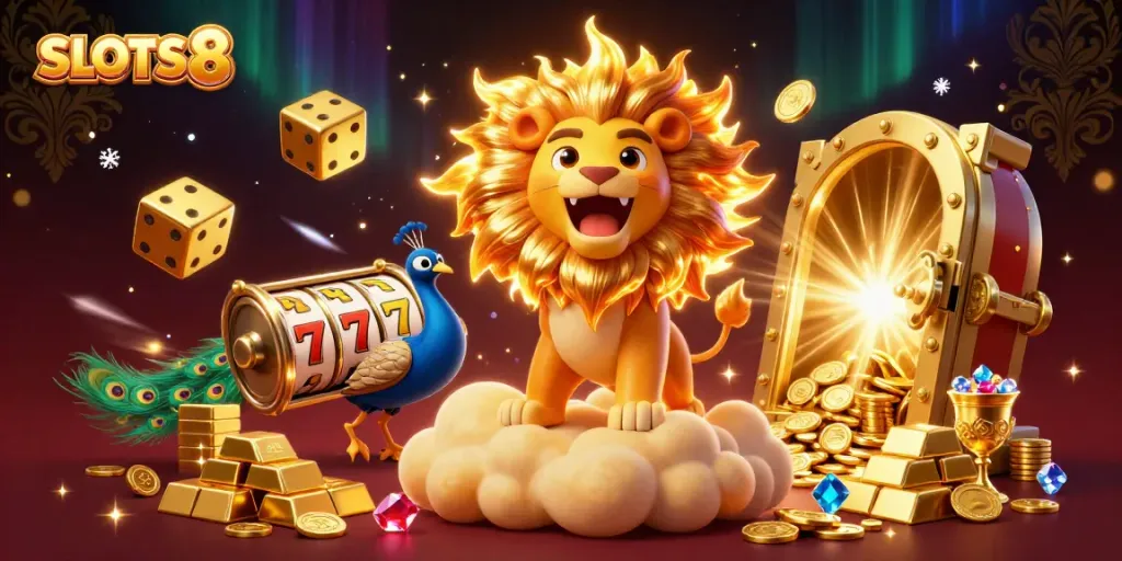 Experience the thrill of SLOTS8 with a roaring lion and dazzling gold imagery.