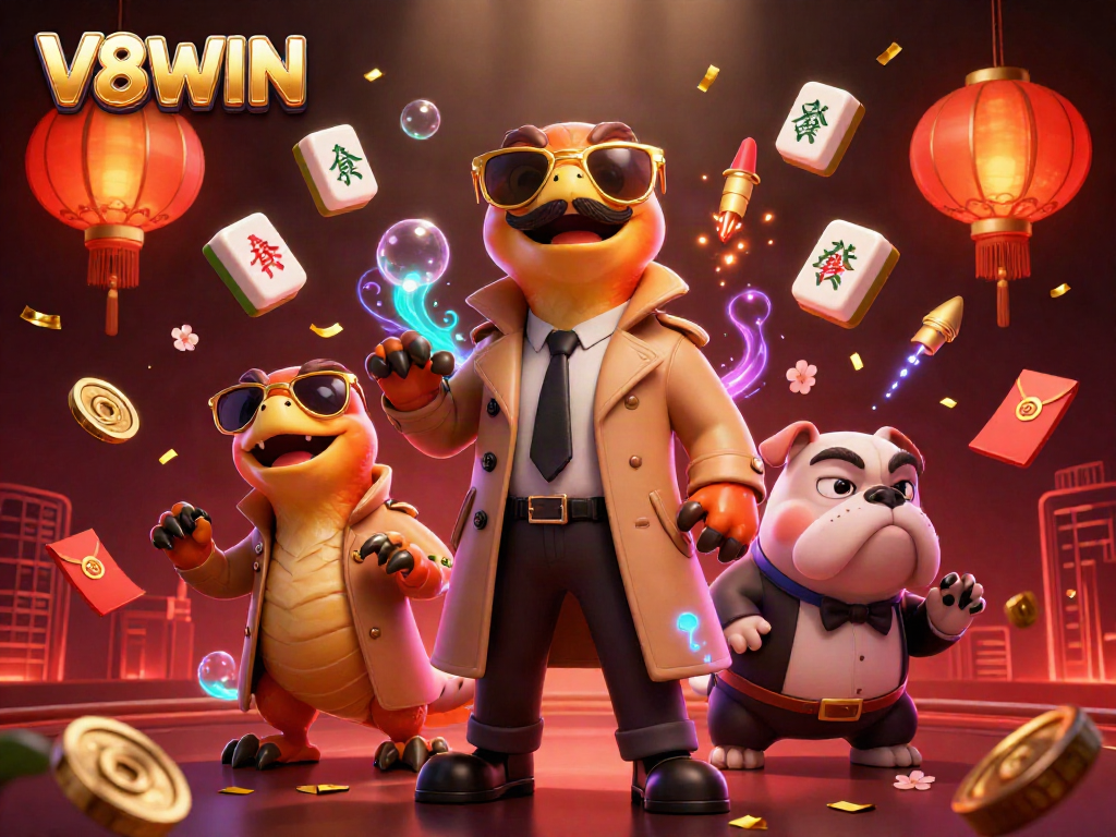 V8WIN's fun casino scene with raptors and a bulldog bouncer amidst vibrant gambling elements.