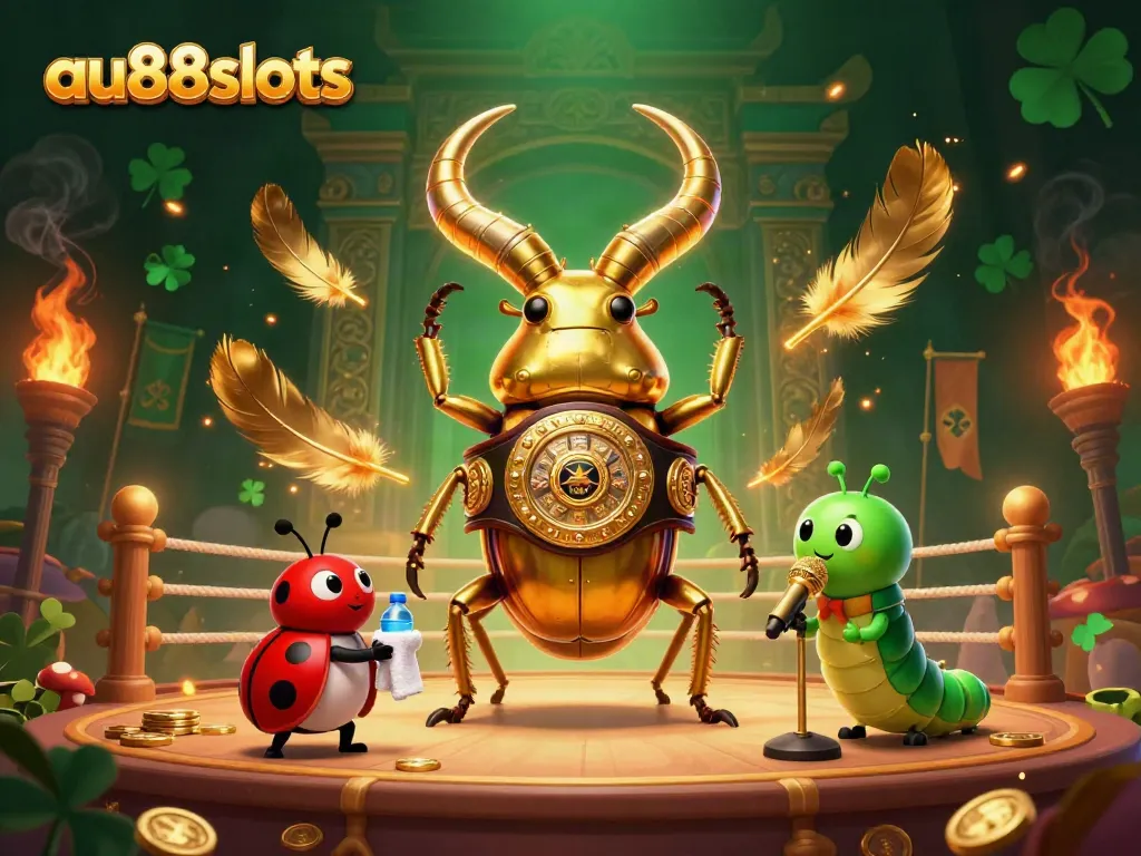 Engage with the dynamic battle scene featuring au88slots with colorful casino elements and charming characters.