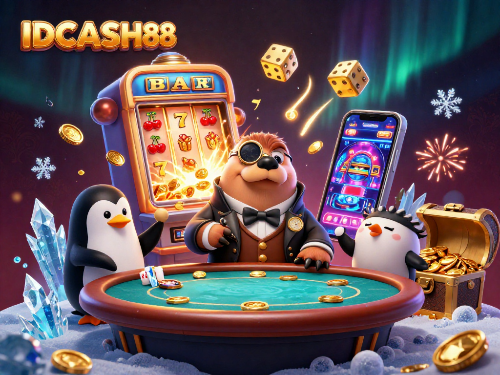 Join the IDCASH88 excitement with a jolly walrus and friends at an underwater poker table playing for big wins.