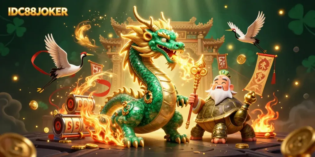 Experience thrilling gameplay at IDC88JOKER with a dynamic scene featuring a majestic jade dragon and lucky symbols in action.