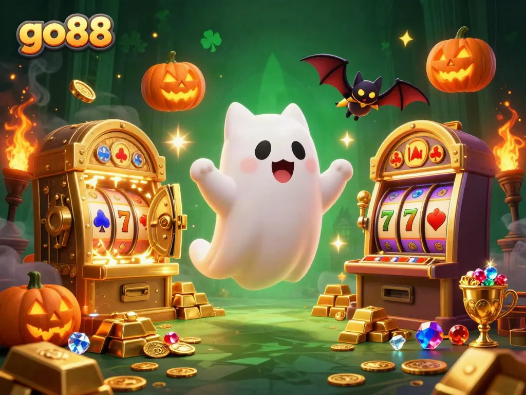 Experience the thrill of go88 with a ghostly cat and bat in a vibrant casino scene.