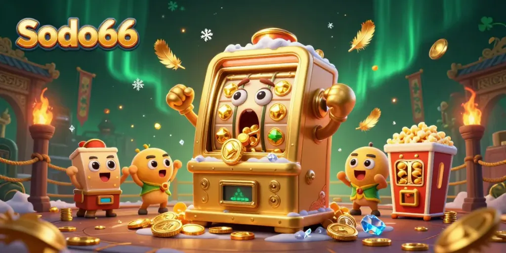 Join Sodo66’s festive jackpot celebration with a golden slot machine and cheerleaders.