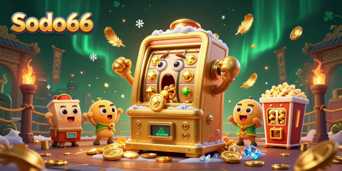 Join Sodo66’s festive jackpot celebration with a golden slot machine and cheerleaders.