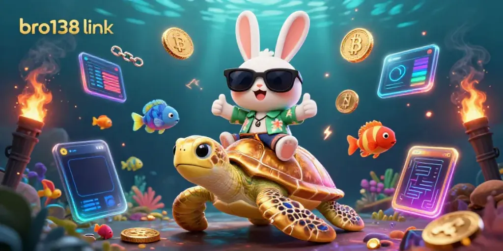Join the excitement with bro138 link as a lucky rabbit and sea turtle navigate a vibrant underwater casino world!