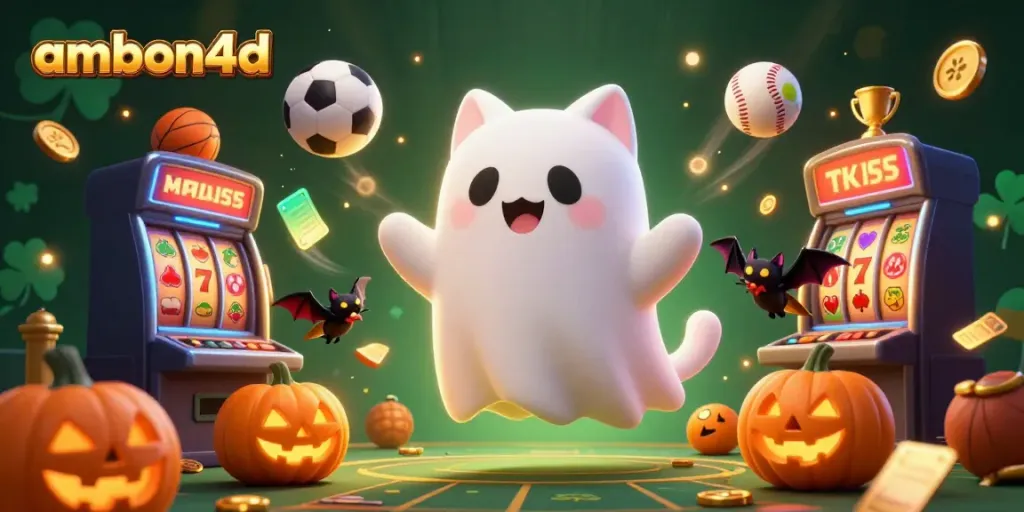 Experience thrilling excitement at ambon4d with a playful ghost cat and vampire bat in a dazzling casino scene.