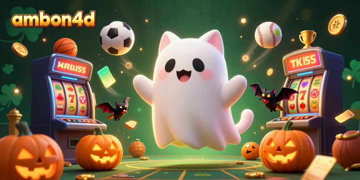 Experience thrilling excitement at ambon4d with a playful ghost cat and vampire bat in a dazzling casino scene.