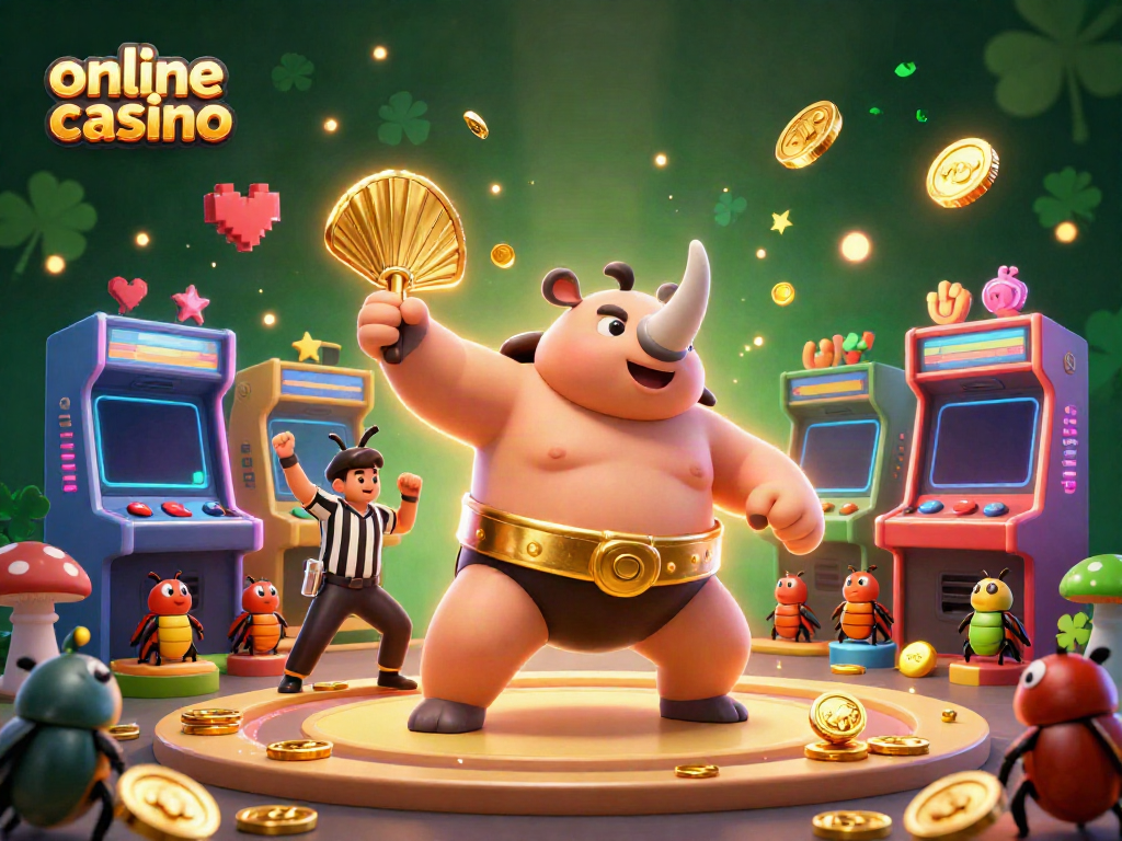 Engage with the vibrant action at an online casino featuring a charismatic beetle champion surrounded by dynamic game elements.