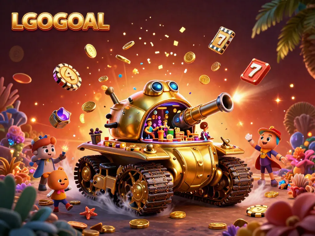 Play at LGOGOAL's mini casino inside a golden beetle tank with vibrant gaming elements.