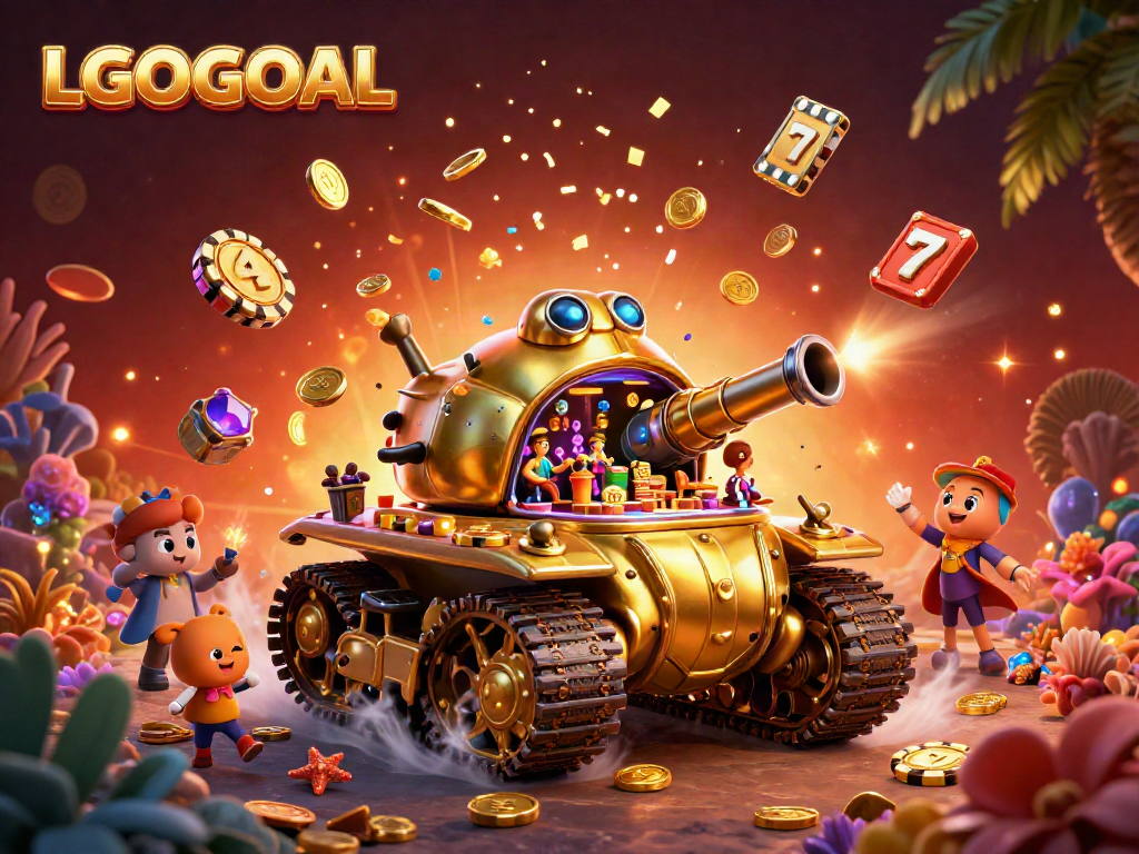 Play at LGOGOAL's mini casino inside a golden beetle tank with vibrant gaming elements.