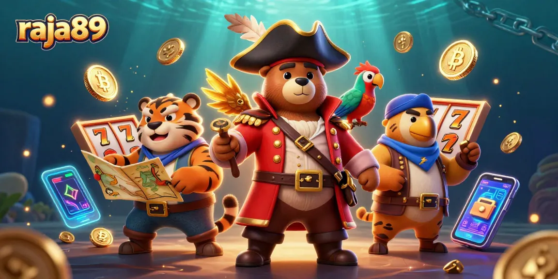 Win big with raja89 in this vibrant casino scene featuring cartoon characters and glowing game elements.