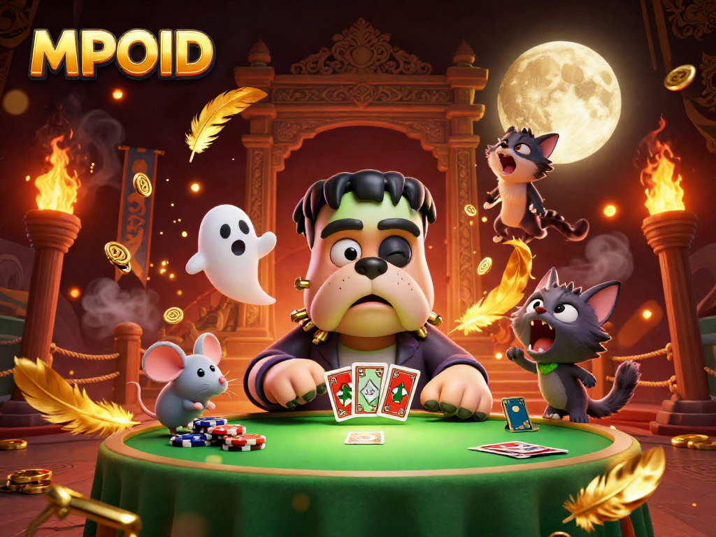 MPOID showcases a playful 3D illustration of a Frankenstein bulldog dealing cards amid a ghost mouse and werewolf kitten.